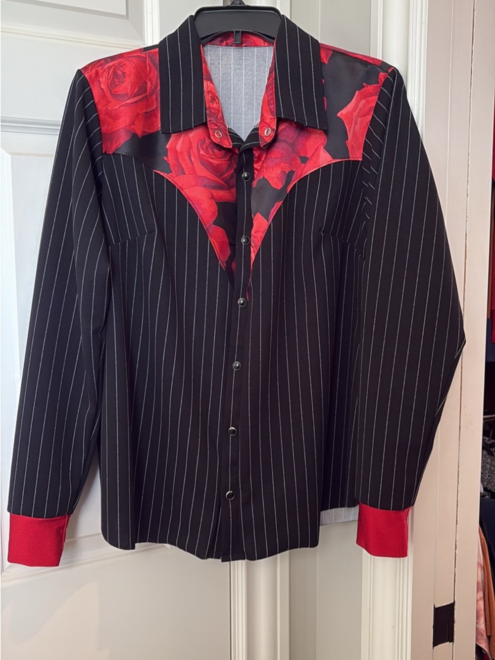 CB Branded, women’s Black Pinstripe Button-Up Shirt with Red Rose Yoke